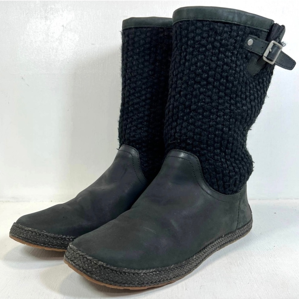 Ugg Lyza Tall Knit Sweater Leather Mid Calf Slouchy Boot -BLACK -Women size 9
